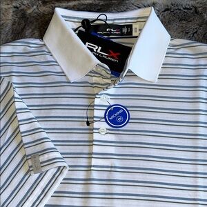 RLX Ralph Lauren Shirt Mens S Golf Polo 3 Button white  Blue Stripe Wicking $98